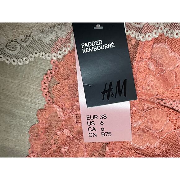 H&M Lace Bralette Lot of 3 NEW Pink Coral Cream Size M Size 6 Padded Lined - Picture 2 of 4
